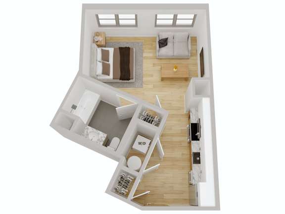 3D floor plan of studio apartment layout at Port & Main Apartments, Port Chester, New York