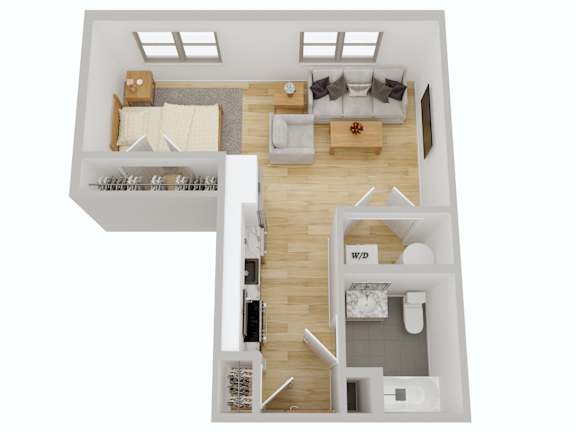 One bedroom 3D floor plan with living area at Port & Main Apartments, Port Chester