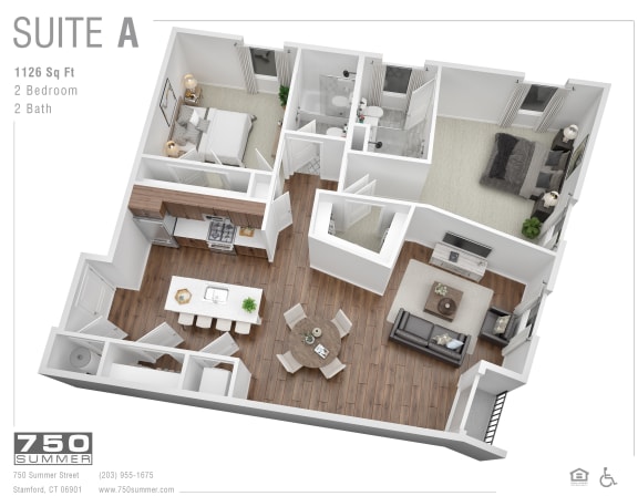 2 bedroom 2 bath 3D floor plan layout at 750 Summer Street Apartments, Stamford, 06901