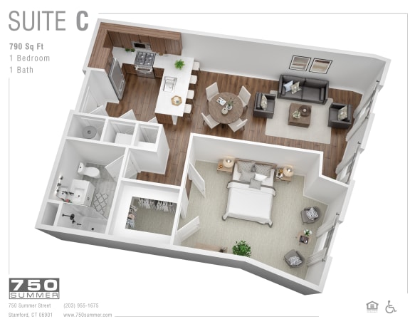 3D floor plan for one bedroom suite at 750 Summer Street Apartments, Stamford