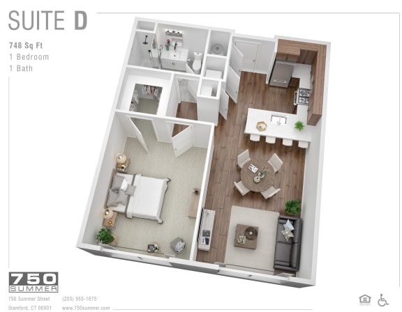 3D floor plan of one bedroom suite layout at 750 Summer Street Apartments, Connecticut
