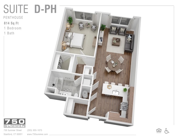 3D floor plan penthouse one bedroom layout at 750 Summer Street Apartments, Connecticut, 06901