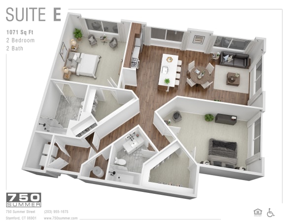 2 bedroom 2 bath floor plan suite e layout at 750 Summer Street Apartments, Stamford, CT 06901