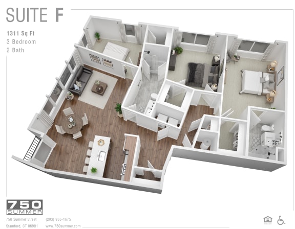 3 bedroom 2 bath 3D floor plan layout at 750 Summer Street Apartments, Stamford, CT