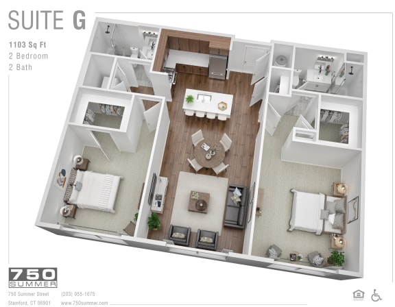 3D floor plan of two bedroom apartment suite at 750 Summer Street Apartments, Stamford, 06901