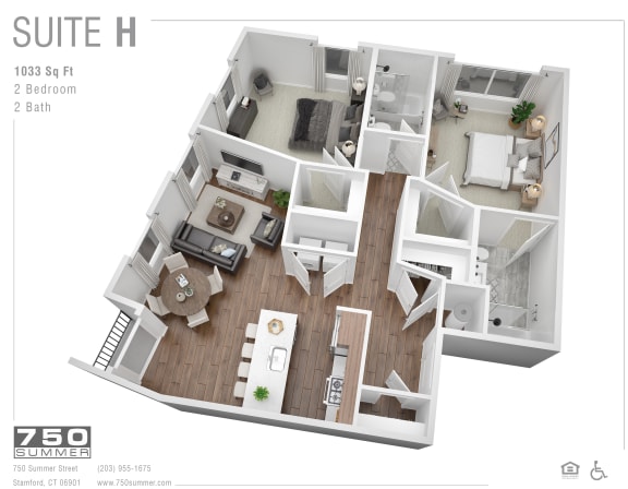 3D floor plan for two bedroom apartment suite at 750 Summer Street Apartments, Stamford, Connecticut