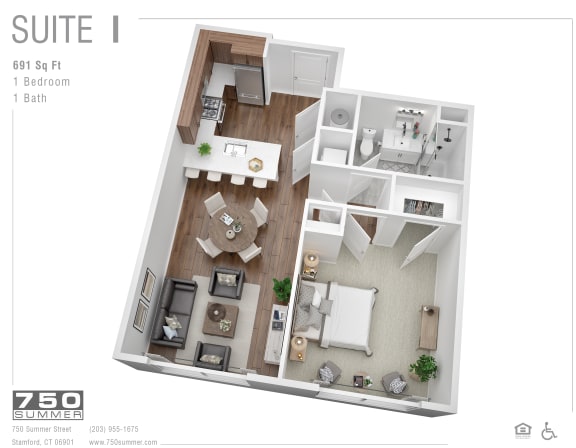 3D floor plan one bedroom apartment layout at 750 Summer Street Apartments, Stamford