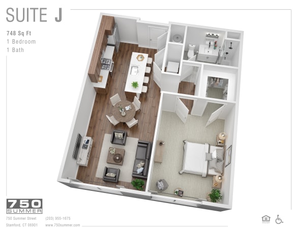 3D floor plan of one bedroom one bath suite at 750 Summer Street Apartments, Connecticut