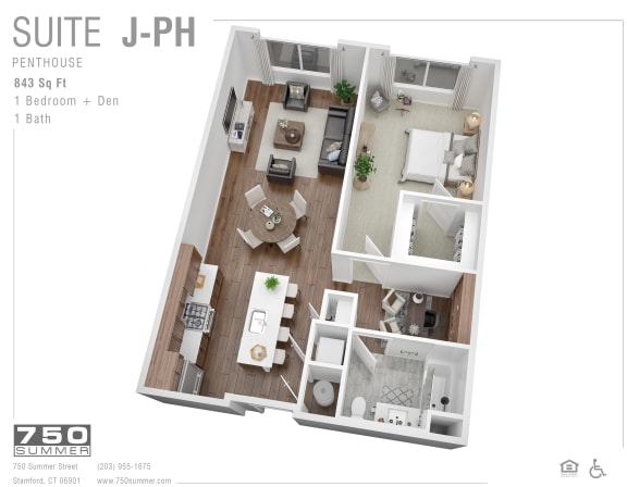 Penthouse 3D floor plan one bedroom plus den at 750 Summer Street Apartments, Connecticut, 06901