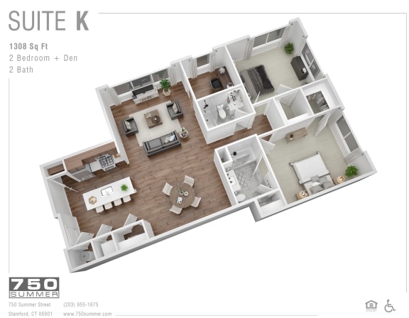 2 bedroom 2 bath den floor plan layout at 750 Summer Street Apartments, Stamford, CT 06901