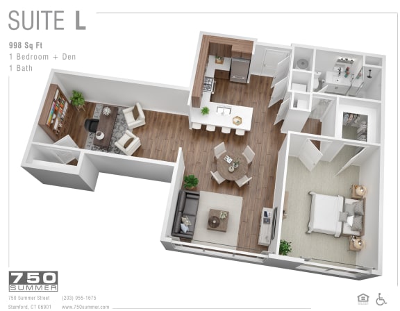 One bedroom plus den 3D floor plan at 750 Summer Street Apartments, Stamford, CT