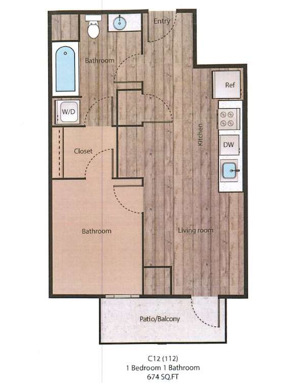 A floor plan of a one bedroom apartment with a living room, kitchen, bathroom and a balcony.