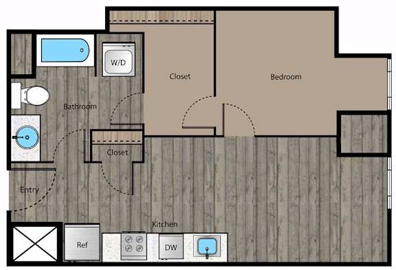 A floor plan of a house with a bathroom, kitchen, and bedroom.