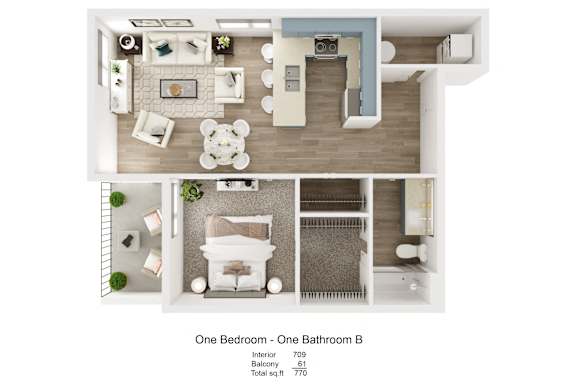 A floor plan of a one bedroom apartment with a bathroom.