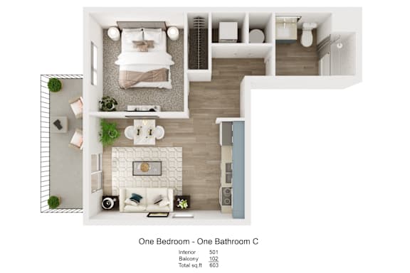 A floor plan of a one bedroom apartment with a bathroom.