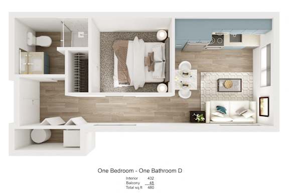A floor plan of a one bedroom apartment with a bathroom.