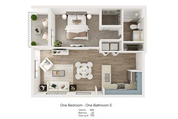 A floor plan of a one bedroom apartment with a bathroom.