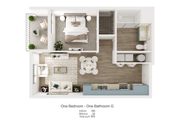 A top-down view of a one bedroom apartment with a bathroom.
