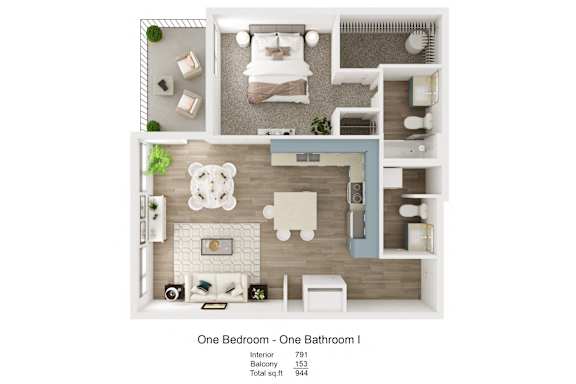 A floor plan of a one bedroom apartment with a bathroom.