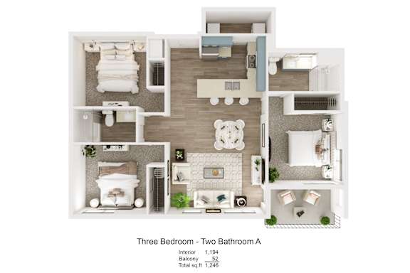 A diagram of a three bedroom apartment with two bathrooms.