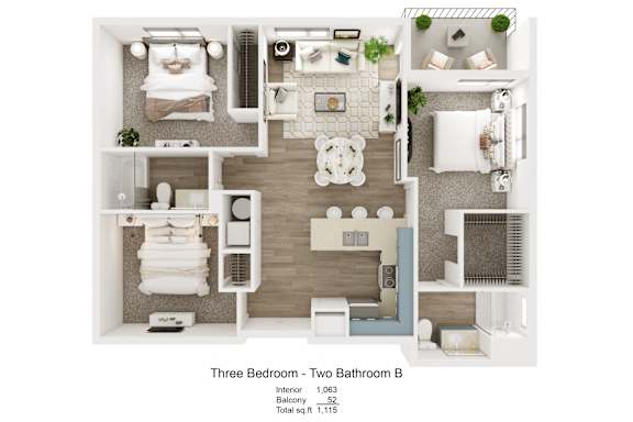 A diagram of a three bedroom apartment with two bathrooms.
