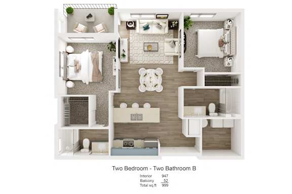 A diagram of a two bedroom, two bathroom apartment layout.