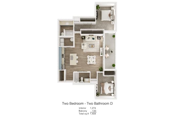 A diagram of a two bedroom, two bathroom apartment.