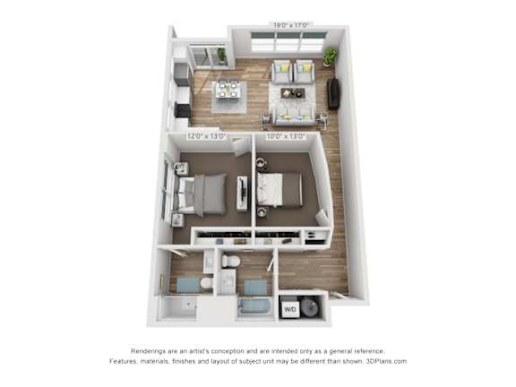 A 3D floor plan of a small apartment with a kitchen, living room, and two bedrooms.