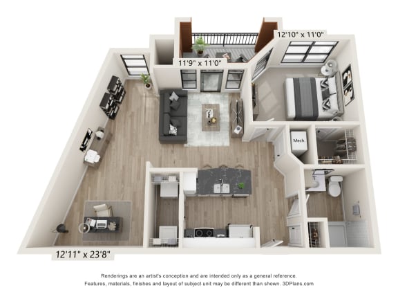 a 3d floor plan of a room with a bedroom