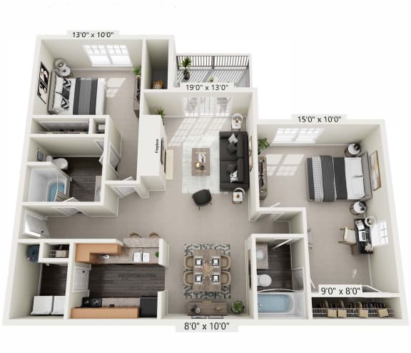 a 3d floor plan of a 2100 sq ft home