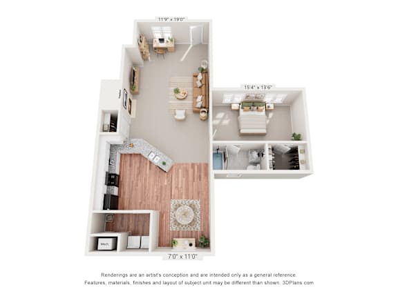 a stylized floor plan with a bedroom and a living room