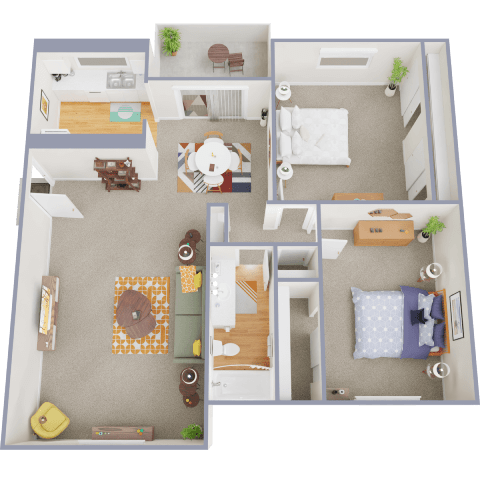 A detailed 3D floor plan of a two-bedroom apartment.