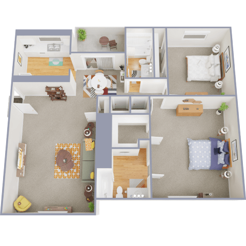 A 3D floor plan of a house with a kitchen, living room, dining room, and bedrooms.