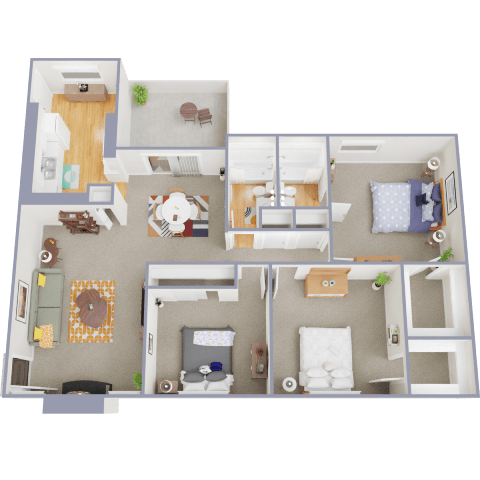 A 3D floor plan of a house with a living room, kitchen, dining room, and bedrooms.
