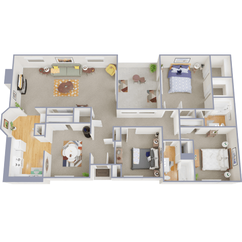 A 3D floor plan of a house with multiple rooms and furniture.
