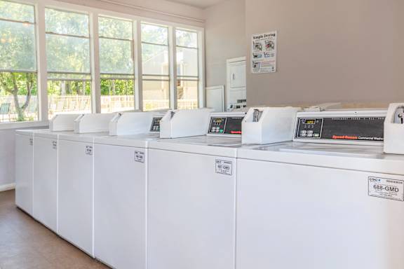 A row of white washing machines are lined up in a room.