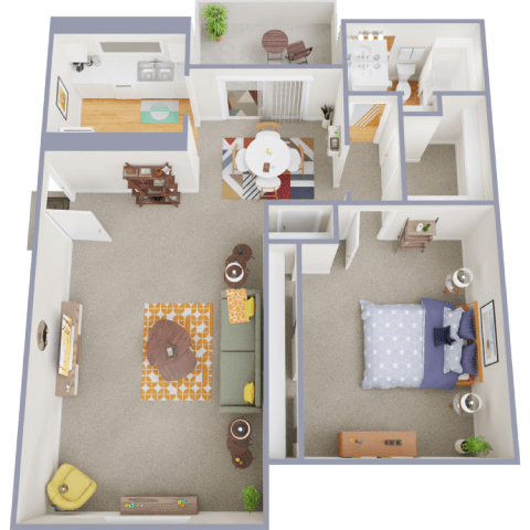 A 3D floor plan of a house with a living room, kitchen, dining room, and bedrooms.