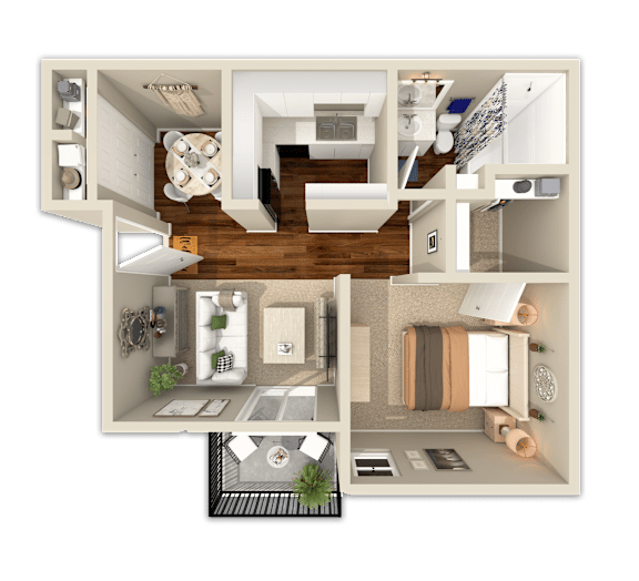 A 3D floor plan of a house with a kitchen, living room, and bathroom.