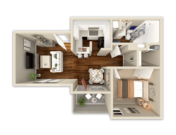A 3D floor plan of a house with multiple rooms and furniture.