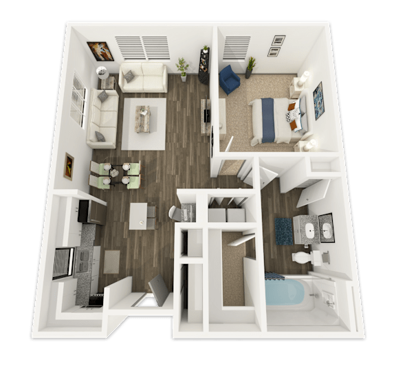 Floor Plan  A 3D floor plan of a house with a living room, kitchen, dining room, and bedrooms.