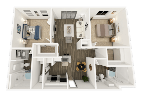 Floor Plan  A 3D floor plan of a house showing a kitchen, living room, and two bedrooms.