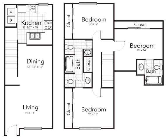 a floor plan of a house with three bedrooms and a living room
