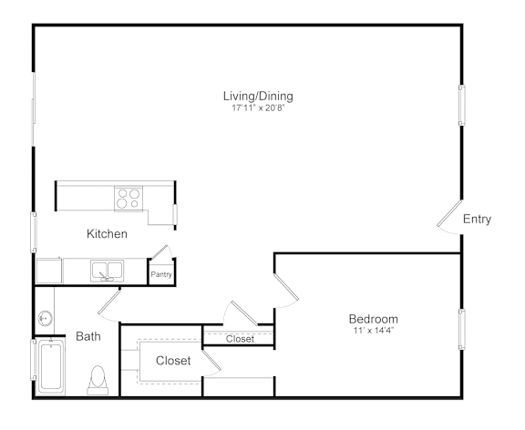 A floor plan of a small apartment with a living/dining area, kitchen, bathroom, and bedroom.
