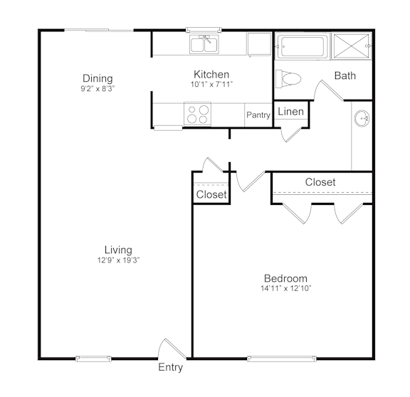 A floor plan of a house with a living room, dining room, kitchen, pantry, bathroom, closet, and bedroom.