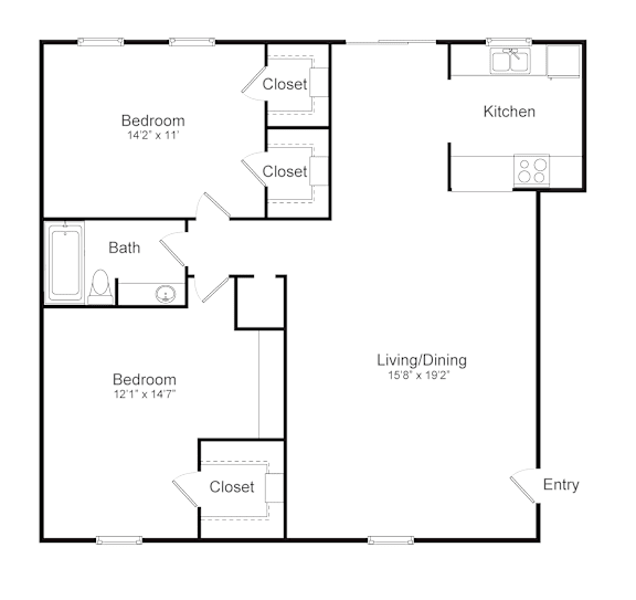 A floor plan of a home with a living room, dining room, kitchen, two bedrooms, and a bathroom.
