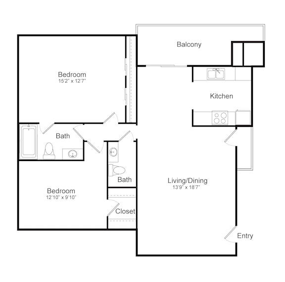 A floor plan of a home with two bedrooms, a kitchen, a living/dining area, and a balcony.