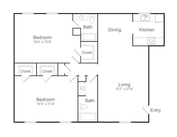 A black and white image of a floor plan for a two bedroom apartment.