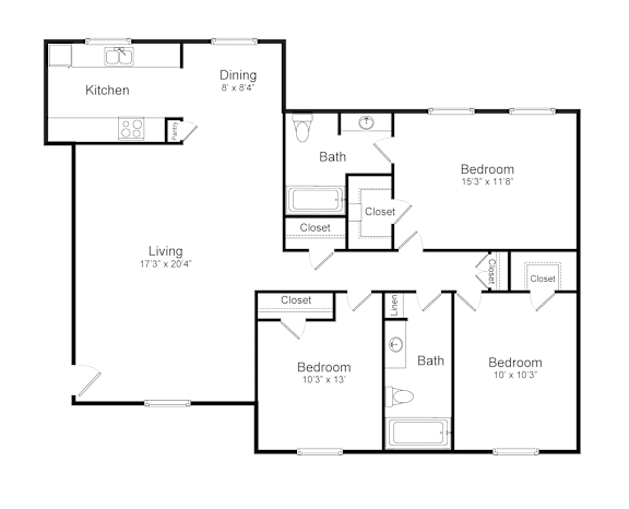 A floor plan of a living space with a kitchen, two bedrooms, and a bathroom.