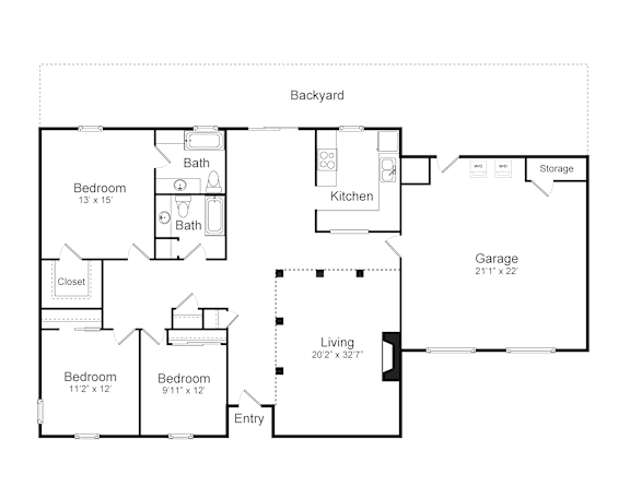 A floor plan of a house with a backyard, two bedrooms, a kitchen, a living room, a garage, and a closet.