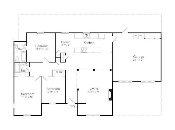A floor plan of a house with a garage, two bedrooms, a dining room, a kitchen, a living room, and a bathroom.